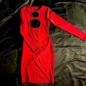 This dress is backless and red. It also fits snug and has never been worn.